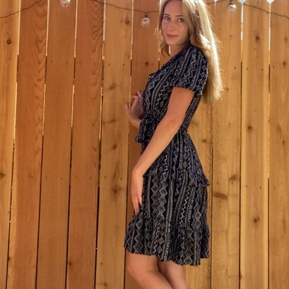 Geometric Navy Blue, White & Gold Mid Length Flowy Ruffle Dress - Picture 3 of 3